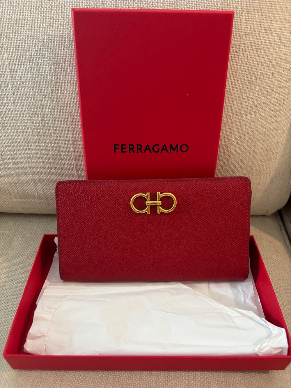 Salvatore Ferragamo Red Leather Continental Wallet with Gold Hardware